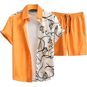 imageVerdusa Mens 2 Piece Outfit Colorblock Button Up Shirt and Drawstring Waist Shorts SetsOrange and White