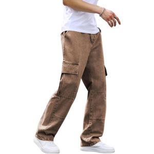 imageVerdusa Mens Casual Cargo Pants High Waist Straight Leg Jeans with PocketsBrown