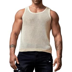 imageVerdusa Mens Casual Sleeveless Round Neck Sheer Knitted Tank Muscle TopBeige