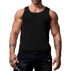 imageVerdusa Mens Casual Sleeveless Round Neck Sheer Knitted Tank Muscle TopBlack