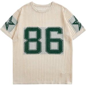 imageVerdusa Mens Jersey Shirt Crochet Tops Short Sleeve Letter Print Vintage Lightweight Pullover SweaterBeige
