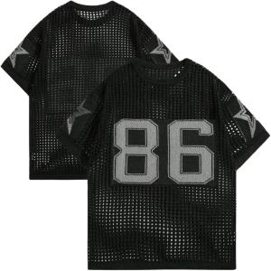 imageVerdusa Mens Jersey Shirt Crochet Tops Short Sleeve Letter Print Vintage Lightweight Pullover SweaterBlack
