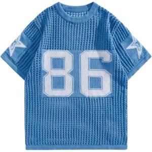 imageVerdusa Mens Jersey Shirt Crochet Tops Short Sleeve Letter Print Vintage Lightweight Pullover SweaterBlue