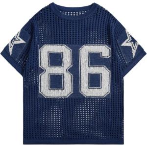 imageVerdusa Mens Jersey Shirt Crochet Tops Short Sleeve Letter Print Vintage Lightweight Pullover SweaterDark Blue