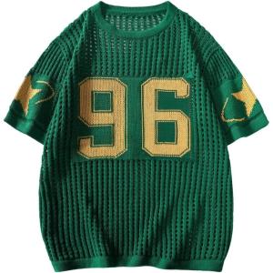 imageVerdusa Mens Jersey Shirt Crochet Tops Short Sleeve Letter Print Vintage Lightweight Pullover SweaterGreen