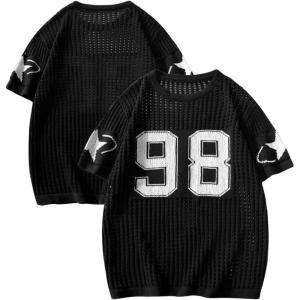 imageVerdusa Mens Jersey Shirt Crochet Tops Short Sleeve Letter Print Vintage Lightweight Pullover SweaterPrint Black