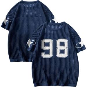 imageVerdusa Mens Jersey Shirt Crochet Tops Short Sleeve Letter Print Vintage Lightweight Pullover SweaterPrint Blue