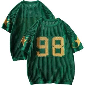 imageVerdusa Mens Jersey Shirt Crochet Tops Short Sleeve Letter Print Vintage Lightweight Pullover SweaterPrint Green