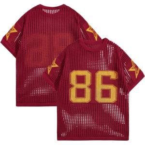 imageVerdusa Mens Jersey Shirt Crochet Tops Short Sleeve Letter Print Vintage Lightweight Pullover SweaterRed