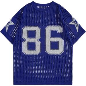 imageVerdusa Mens Jersey Shirt Crochet Tops Short Sleeve Letter Print Vintage Lightweight Pullover SweaterRoyal Blue
