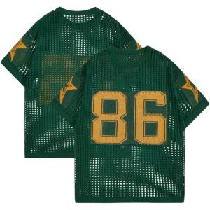 imageVerdusa Mens Jersey Shirt Crochet Tops Short Sleeve Letter Print Vintage Lightweight Pullover SweaterYellow Green