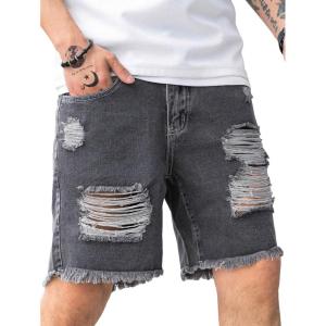 imageVerdusa Mens Ripped Distressed Raw Trim High Waist Straight Leg Denim ShortsDark Grey