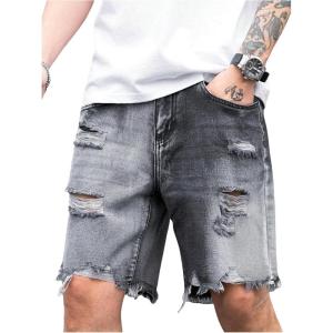 imageVerdusa Mens Ripped Distressed Raw Trim High Waist Straight Leg Denim ShortsGrey and Black
