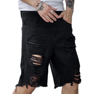 imageVerdusa Mens Ripped Distressed Raw Trim High Waist Straight Leg Denim ShortsSolid Black
