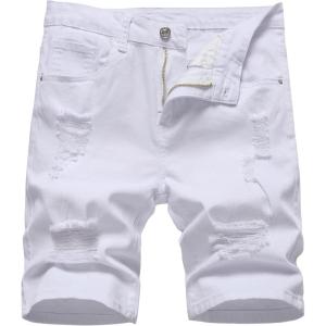 imageVerdusa Mens Ripped Distressed Raw Trim High Waist Straight Leg Denim ShortsWhite