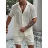 imageVerdusa Mens 2 Piece Outfit Hollow Out Knit Button Up Shirt and Knit Short SetsApricot