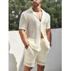 imageVerdusa Mens 2 Piece Outfit Hollow Out Knit Button Up Shirt and Knit Short SetsApricot