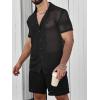 imageVerdusa Mens 2 Piece Outfit Hollow Out Knit Button Up Shirt and Knit Short SetsBlack