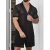 imageVerdusa Mens 2 Piece Outfit Hollow Out Knit Button Up Shirt and Knit Short SetsBlack