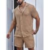 imageVerdusa Mens 2 Piece Outfit Hollow Out Knit Button Up Shirt and Knit Short SetsDark Khaki