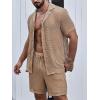 imageVerdusa Mens 2 Piece Outfit Hollow Out Knit Button Up Shirt and Knit Short SetsDark Khaki