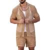 imageVerdusa Mens 2 Piece Outfit Hollow Out Knit Button Up Shirt and Knit Short SetsDark Khaki
