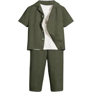 imageVerdusa Boys 2 Piece Outfits Linen Set Button Up Matching Set Short Sleeve Shirt and Drawstring Waist Vacation Pants SetArmy Green