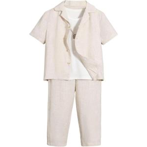imageVerdusa Boys 2 Piece Outfits Linen Set Button Up Matching Set Short Sleeve Shirt and Drawstring Waist Vacation Pants SetBeige