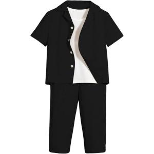 imageVerdusa Boys 2 Piece Outfits Linen Set Button Up Matching Set Short Sleeve Shirt and Drawstring Waist Vacation Pants SetBlack