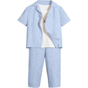 imageVerdusa Boys 2 Piece Outfits Linen Set Button Up Matching Set Short Sleeve Shirt and Drawstring Waist Vacation Pants SetBlue