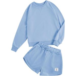 imageVerdusa Girls 2 Piece Outfits Long Sleeve Sweatshirt and Shorts Clothing SetsLight Blue