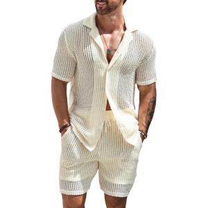 imageVerdusa Mens 2 Piece Outfit Hollow Out Knit Button Up Shirt and Knit Short SetsApricot
