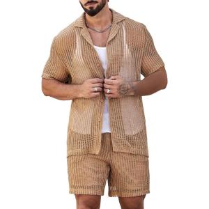 imageVerdusa Mens 2 Piece Outfit Hollow Out Knit Button Up Shirt and Knit Short SetsDark Khaki