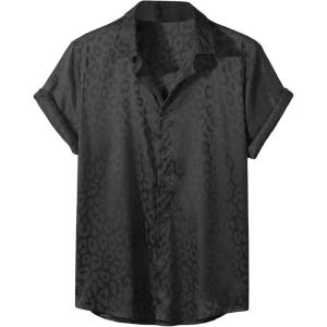 imageVerdusa Mens Satin Button Down Lapel Collar Leopard Print Short Sleeve ShirtBlack
