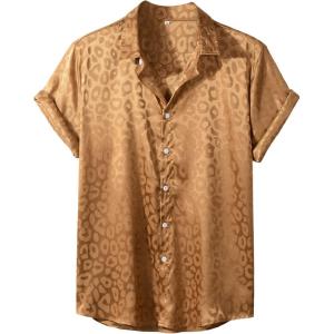 imageVerdusa Mens Satin Button Down Lapel Collar Leopard Print Short Sleeve ShirtBrown