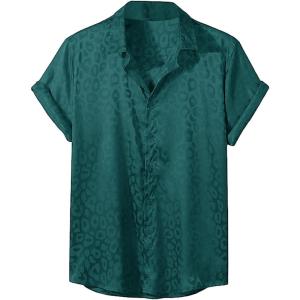 imageVerdusa Mens Satin Button Down Lapel Collar Leopard Print Short Sleeve ShirtGreen
