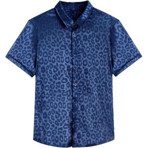 imageVerdusa Mens Satin Button Down Lapel Collar Leopard Print Short Sleeve ShirtRoyal Blue