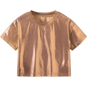imageVerdusa Toddler Girls Metallic Drop Shoulder Short Sleeve Round Neck Crop Tee TopGold