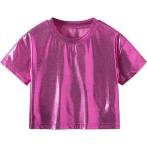 imageVerdusa Toddler Girls Metallic Drop Shoulder Short Sleeve Round Neck Crop Tee TopHot Pink