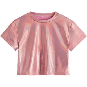 imageVerdusa Toddler Girls Metallic Drop Shoulder Short Sleeve Round Neck Crop Tee TopLight Pink