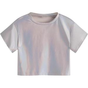 imageVerdusa Toddler Girls Metallic Drop Shoulder Short Sleeve Round Neck Crop Tee TopSilver
