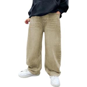 imageVerdusa Boys Casual Straight Leg Baggy Jeans Elastic Waist Loose Denim Pants with PocketsBrown