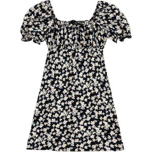imageVerdusa Girls Floral Print Puff Sleeve Square Neck Shirred Swing A Line DressBlack
