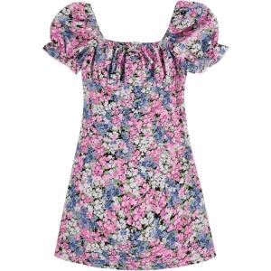 imageVerdusa Girls Floral Print Puff Sleeve Square Neck Shirred Swing A Line DressBlue and Pink