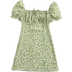 imageVerdusa Girls Floral Print Puff Sleeve Square Neck Shirred Swing A Line DressMint Green