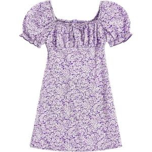 imageVerdusa Girls Floral Print Puff Sleeve Square Neck Shirred Swing A Line DressPurple