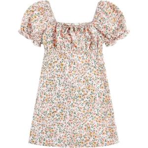 imageVerdusa Girls Floral Print Puff Sleeve Square Neck Shirred Swing A Line DressWhite
