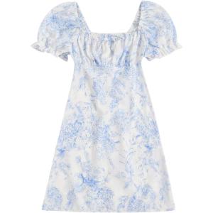 imageVerdusa Girls Floral Print Puff Sleeve Square Neck Shirred Swing A Line DressWhite Blue