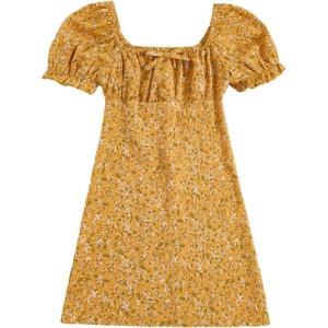 imageVerdusa Girls Floral Print Puff Sleeve Square Neck Shirred Swing A Line DressYellow