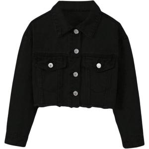 imageVerdusa Girls Raw Hem Long Sleeve Single Breasted Crop Denim Jacket OuterwearBlack